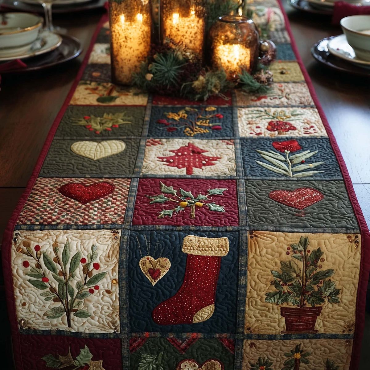 Folk Blocks with Stockings and Hearts Table Runner