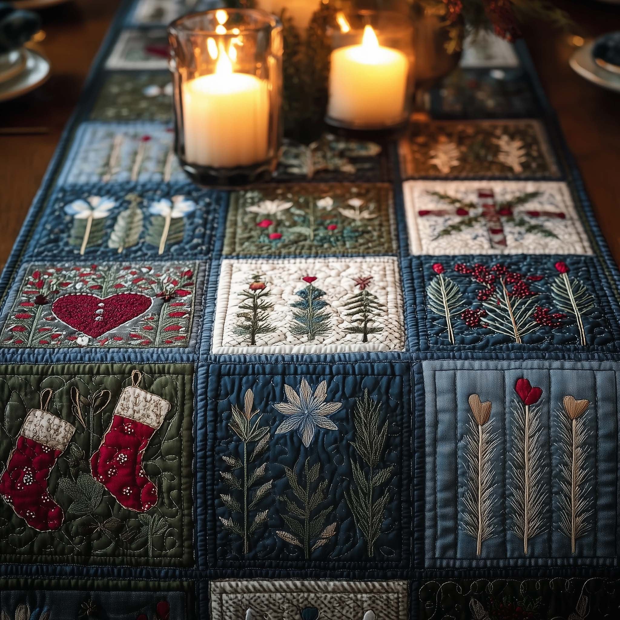 Folk Blocks in Blue and Red Table Runner