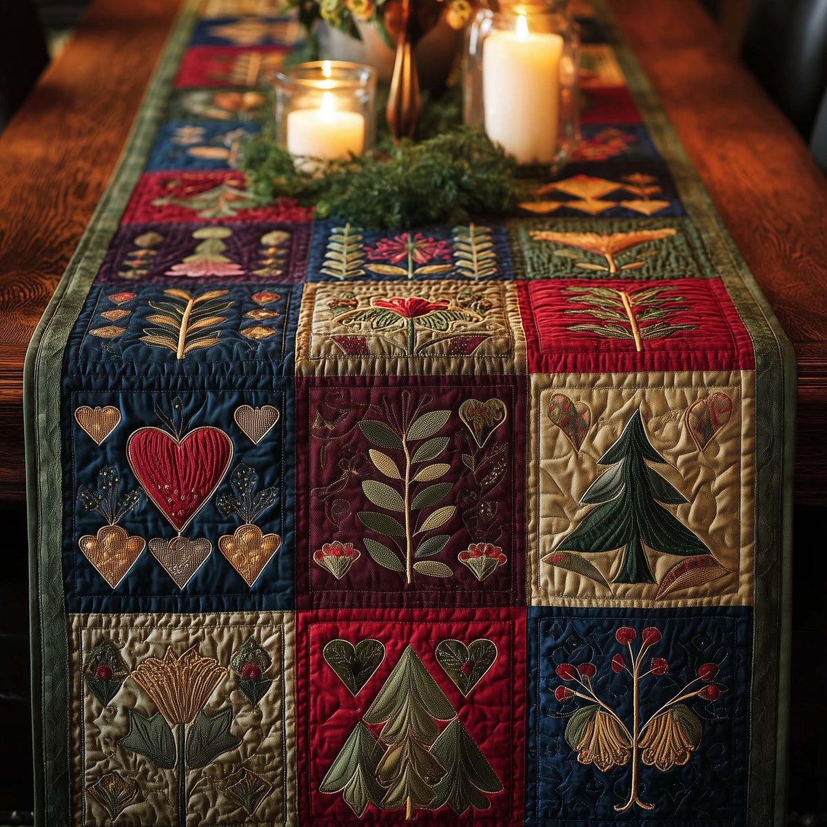 Folk Blocks with Hearts and Trees Table Runner