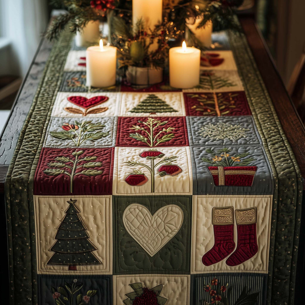 Folk Blocks with Trees and Stockings Table Runner