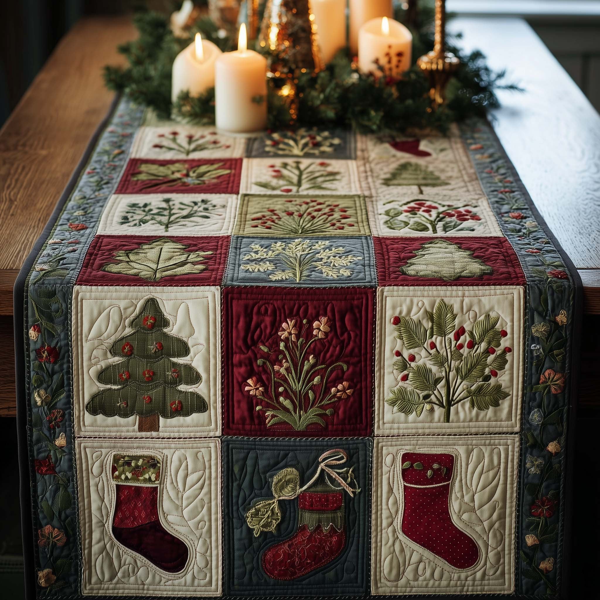 Cream Folk Blocks with Pine Trees Table Runner