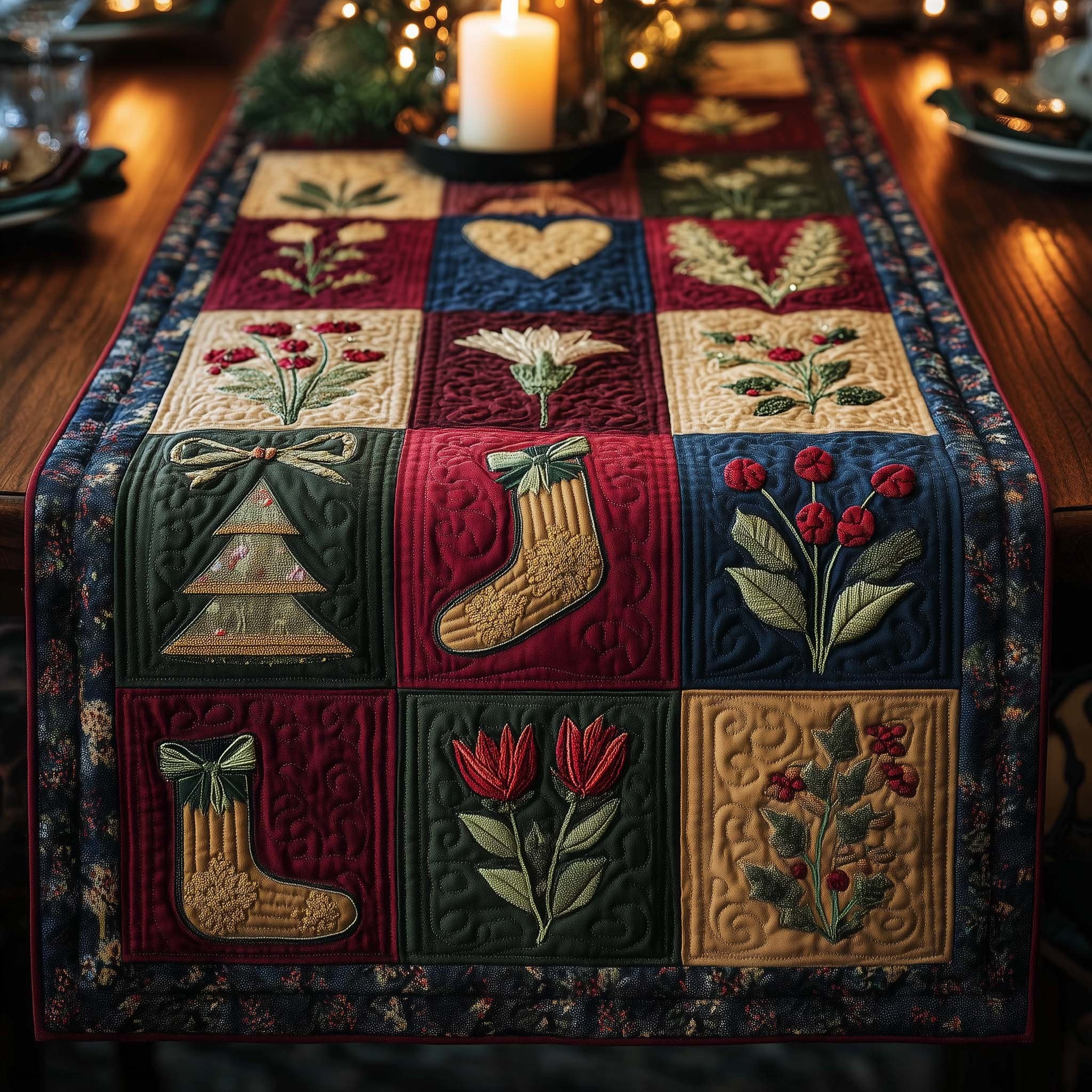 Folk Blocks with Tree and Boot Table Runner