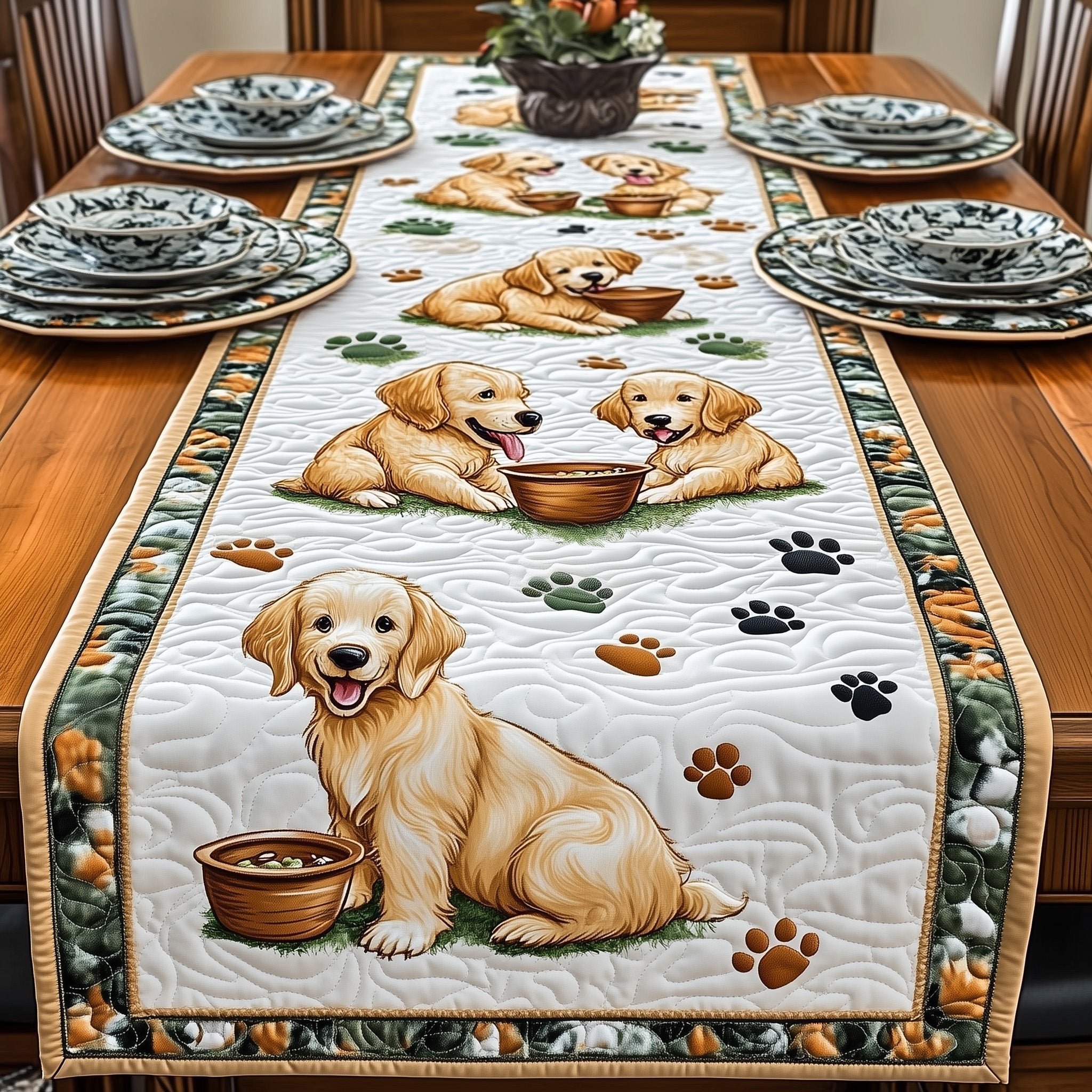 Golden Retrievers with Food Bowls Table Runner