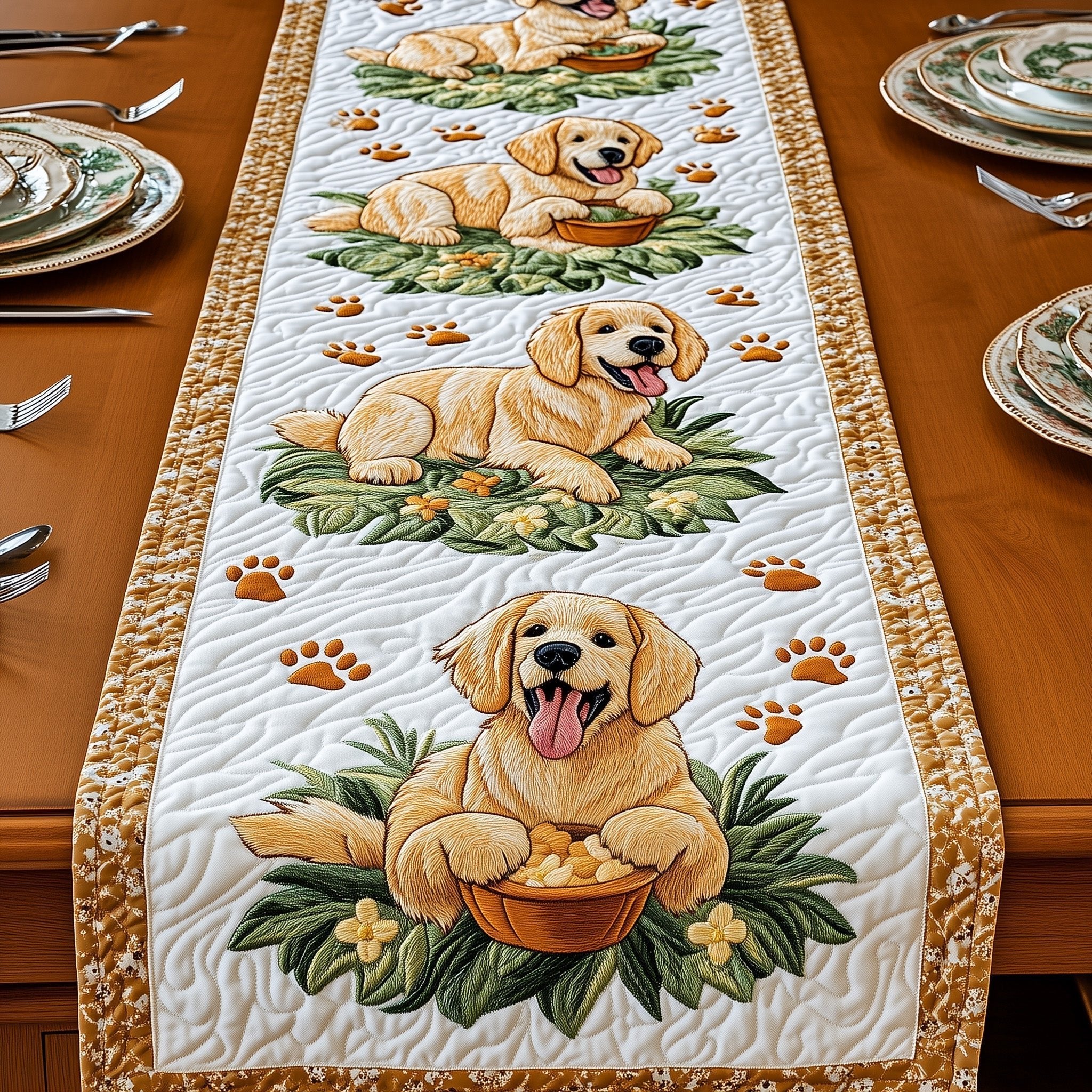 Golden Retriever with Bowl on White Table Runner