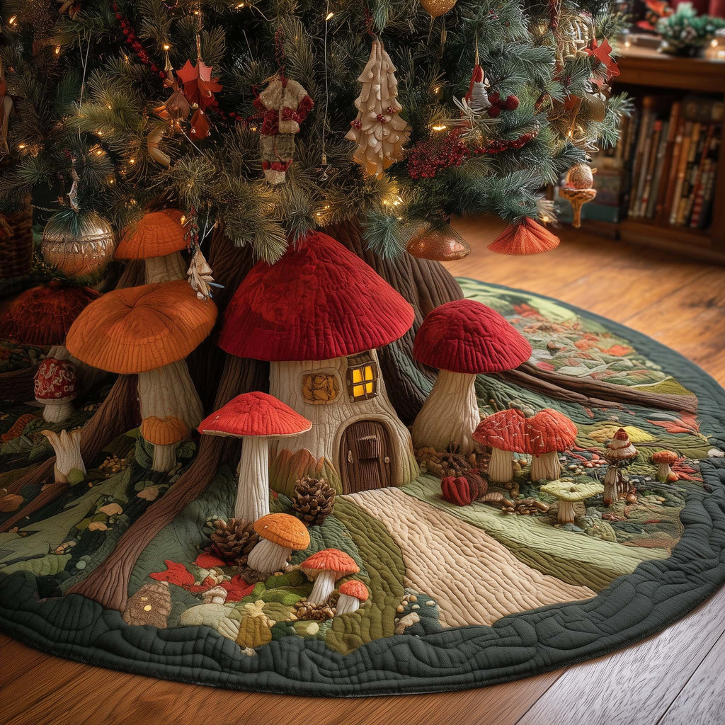 Red Mushroom Houses in the Meadow Christmas Tree Skirt