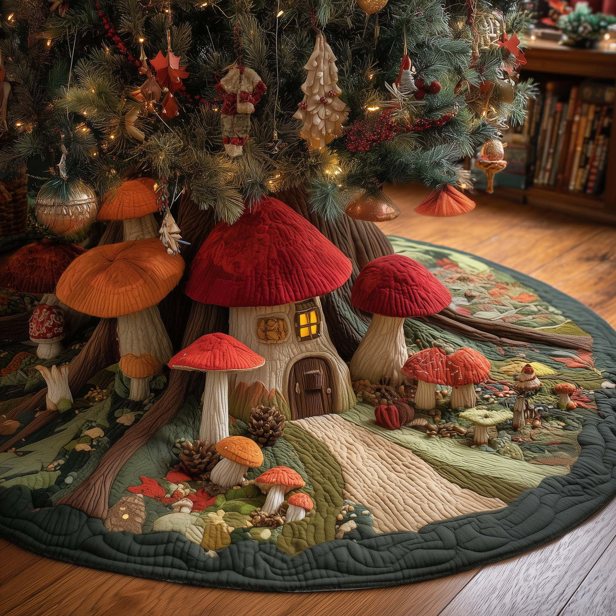 Red Mushroom Houses in the Meadow Christmas Tree Skirt