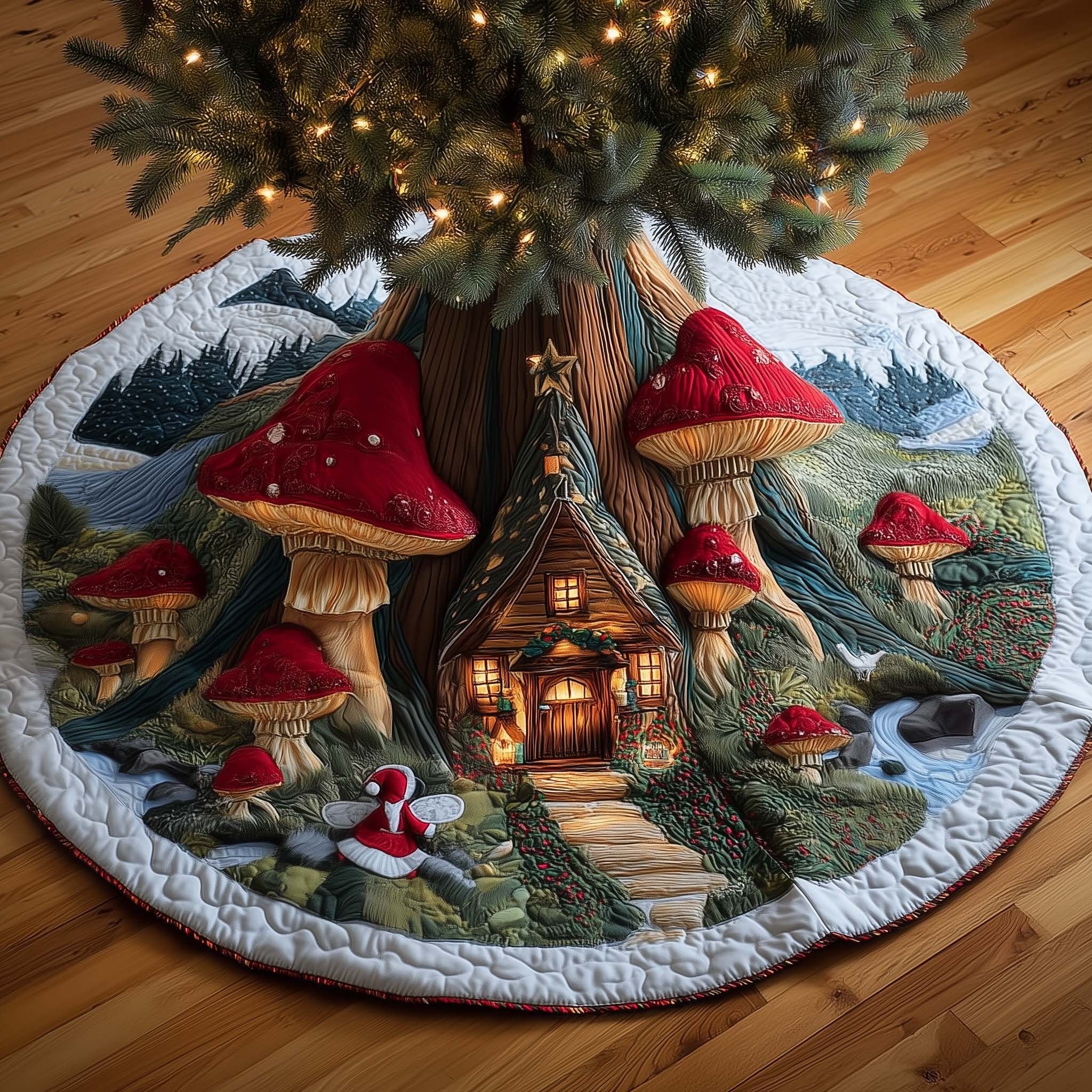 Mushroom Village with the Glowing Cottage Christmas Tree Skirt