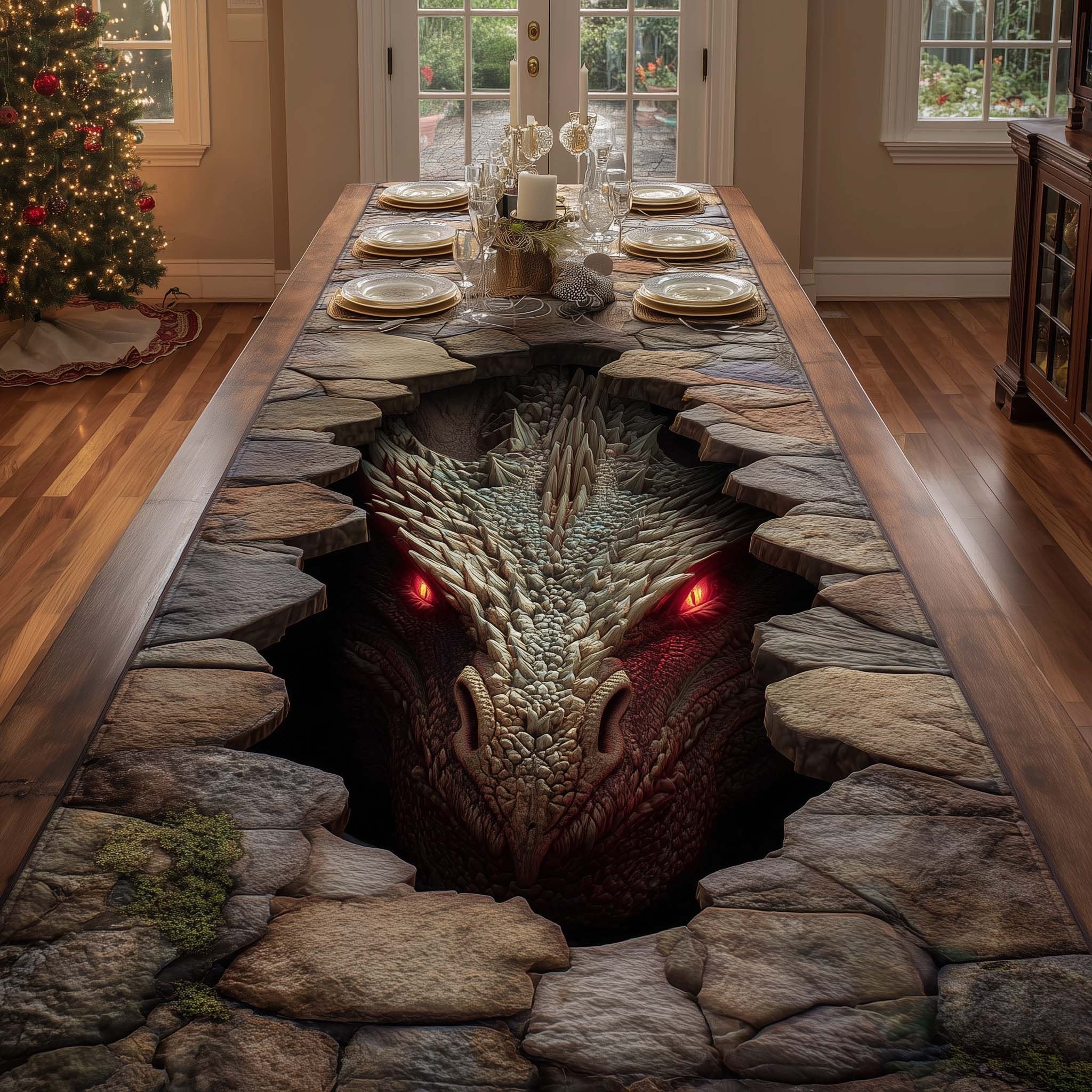 Dragon Peering from Stone Crevice Table Runner