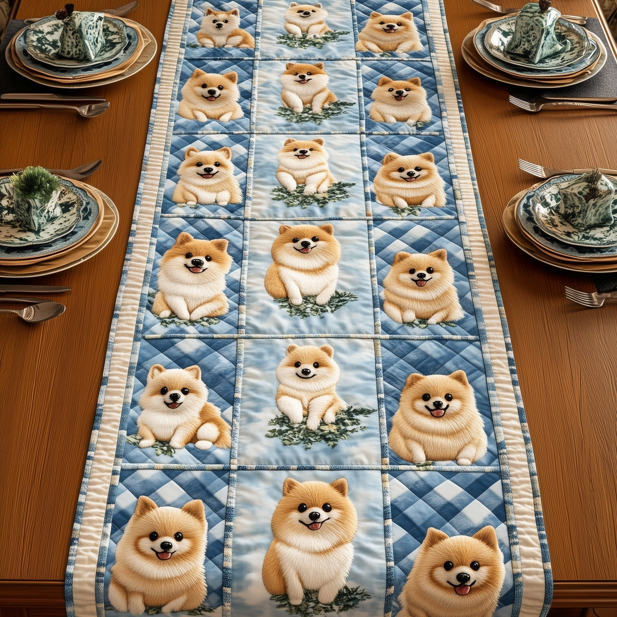 Pomeranians on Blue Blocks Table Runner