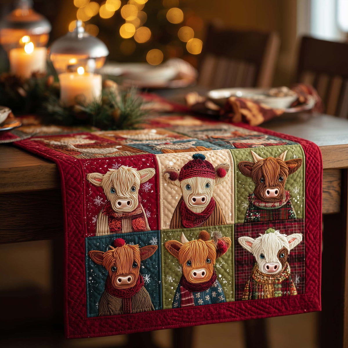 Highland Cows in Holiday Hat Blocks Table Runner