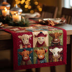 Highland Cows in Holiday Hat Blocks Table Runner