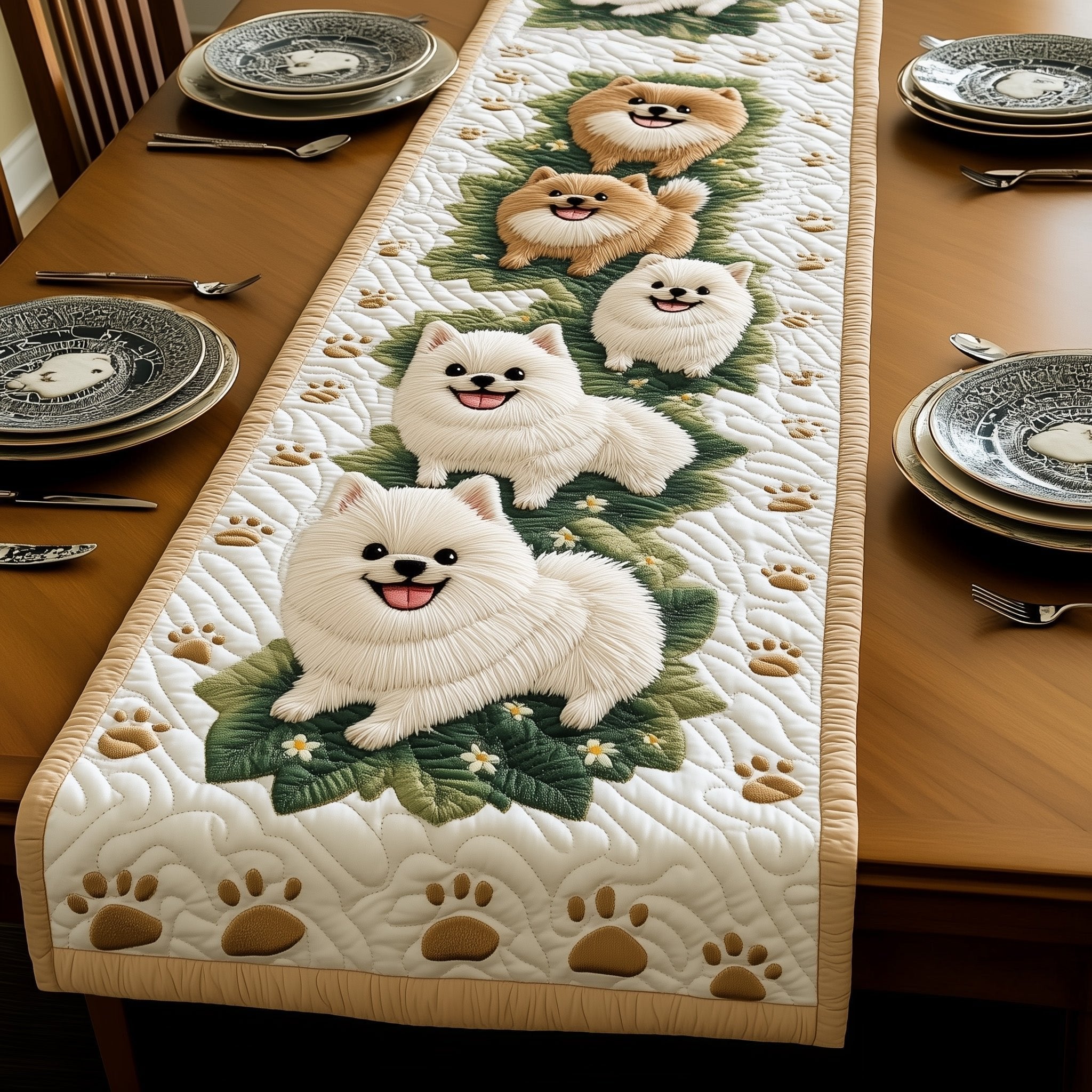 White Pomeranian with Paw Prints Table Runner
