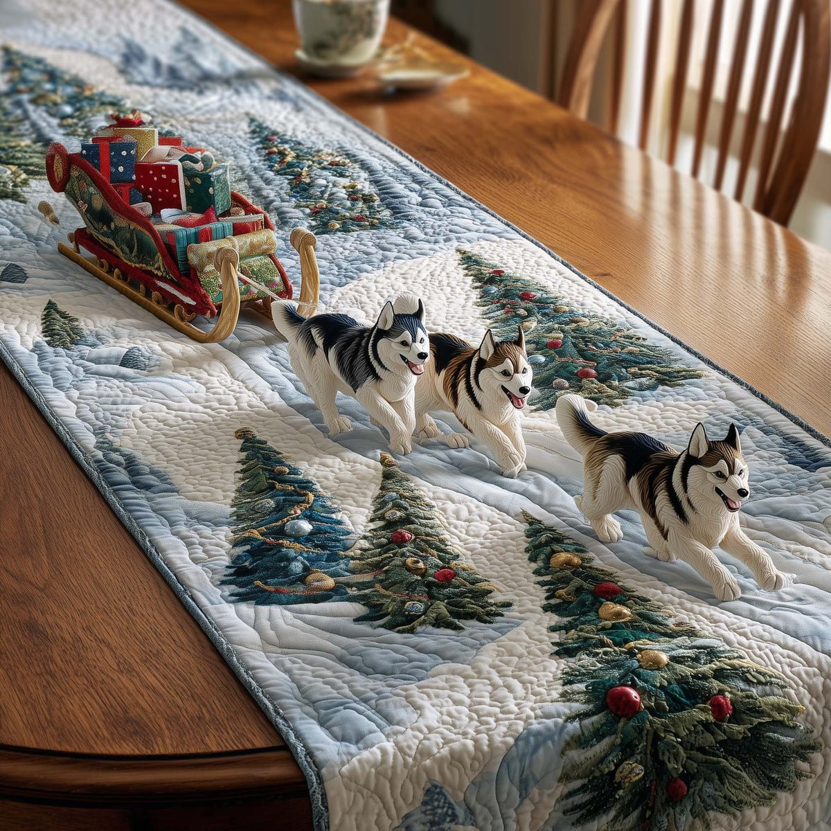 Huskies Running Through Snow Table Runner