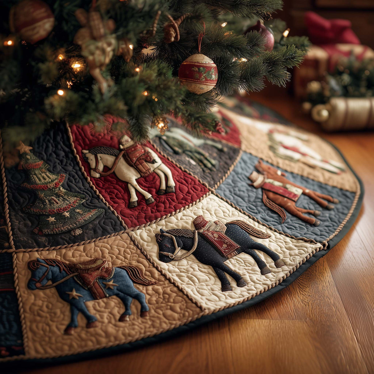 Horse Silhouettes on Patchwork Christmas Tree Skirt
