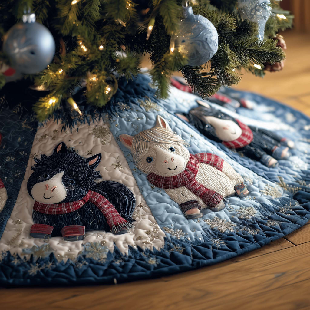 Plush Horses in Scarves on Blue Christmas Tree Skirt