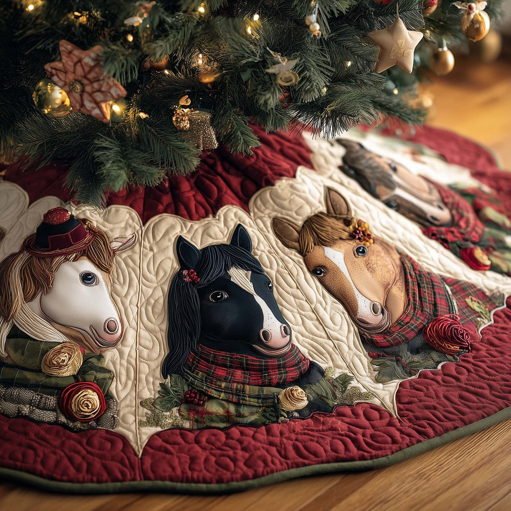 Horses in Plaid Scarves on Cream Christmas Tree Skirt