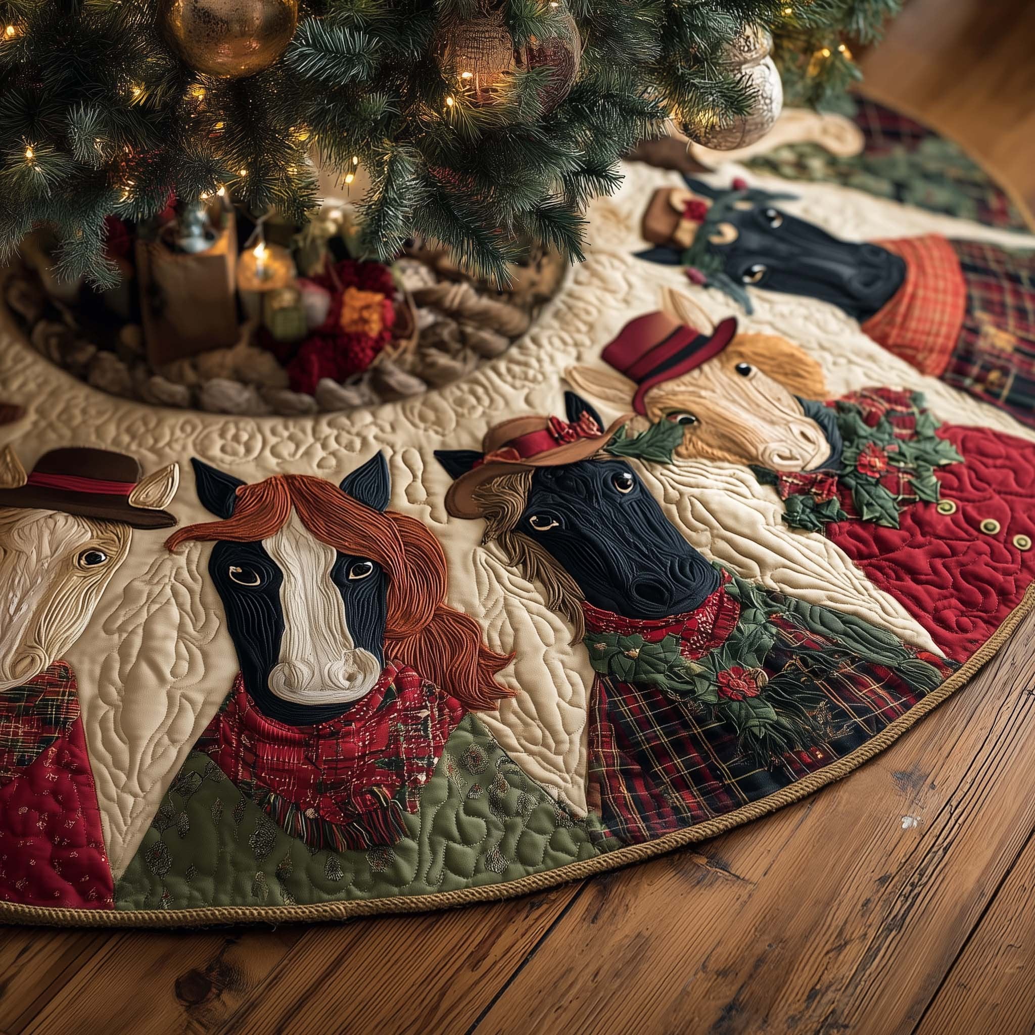 Horses in Hats with Red Border Christmas Tree Skirt