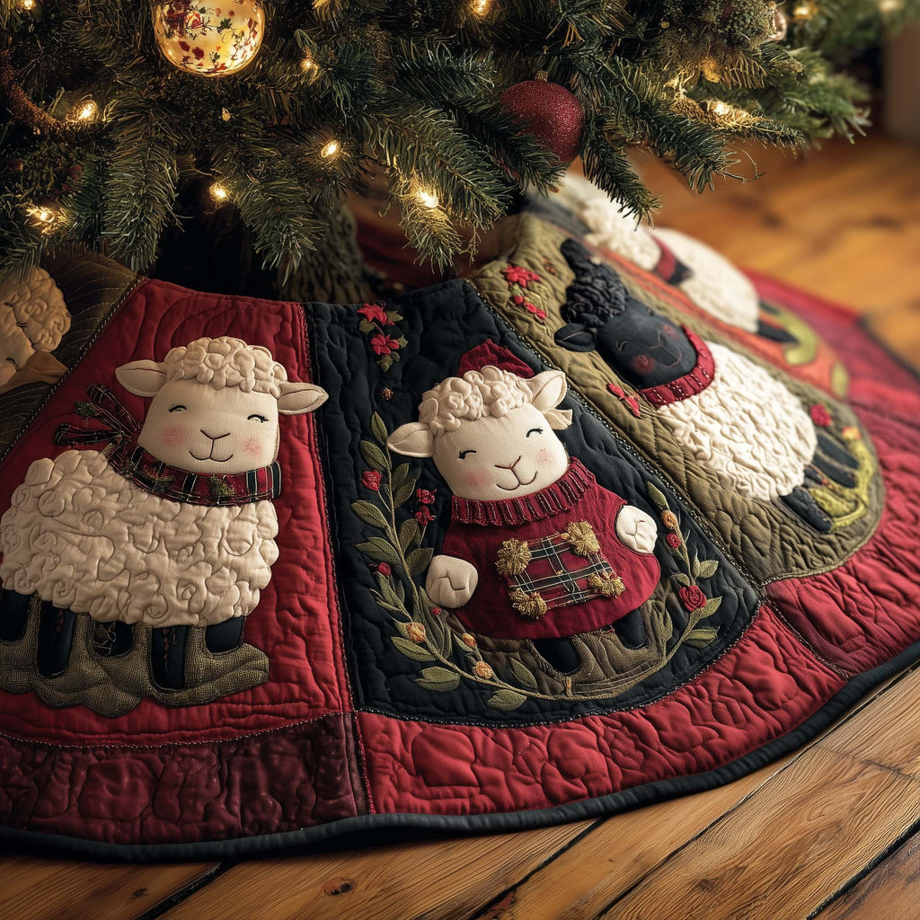 Sheep in Red Sweaters on Crimson Panels Christmas Tree Skirt