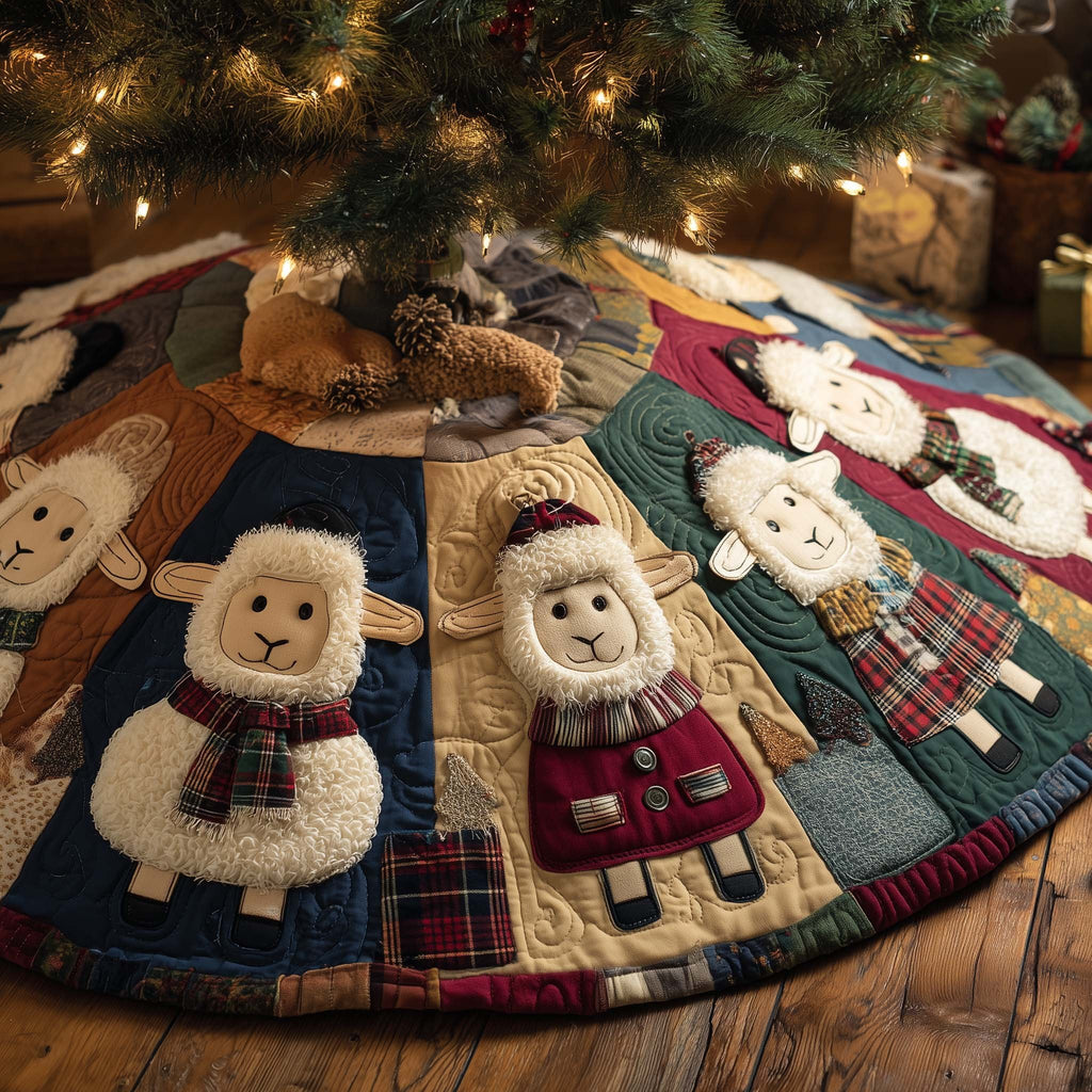 Sheep in Scarves on Plaid Panels Christmas Tree Skirt
