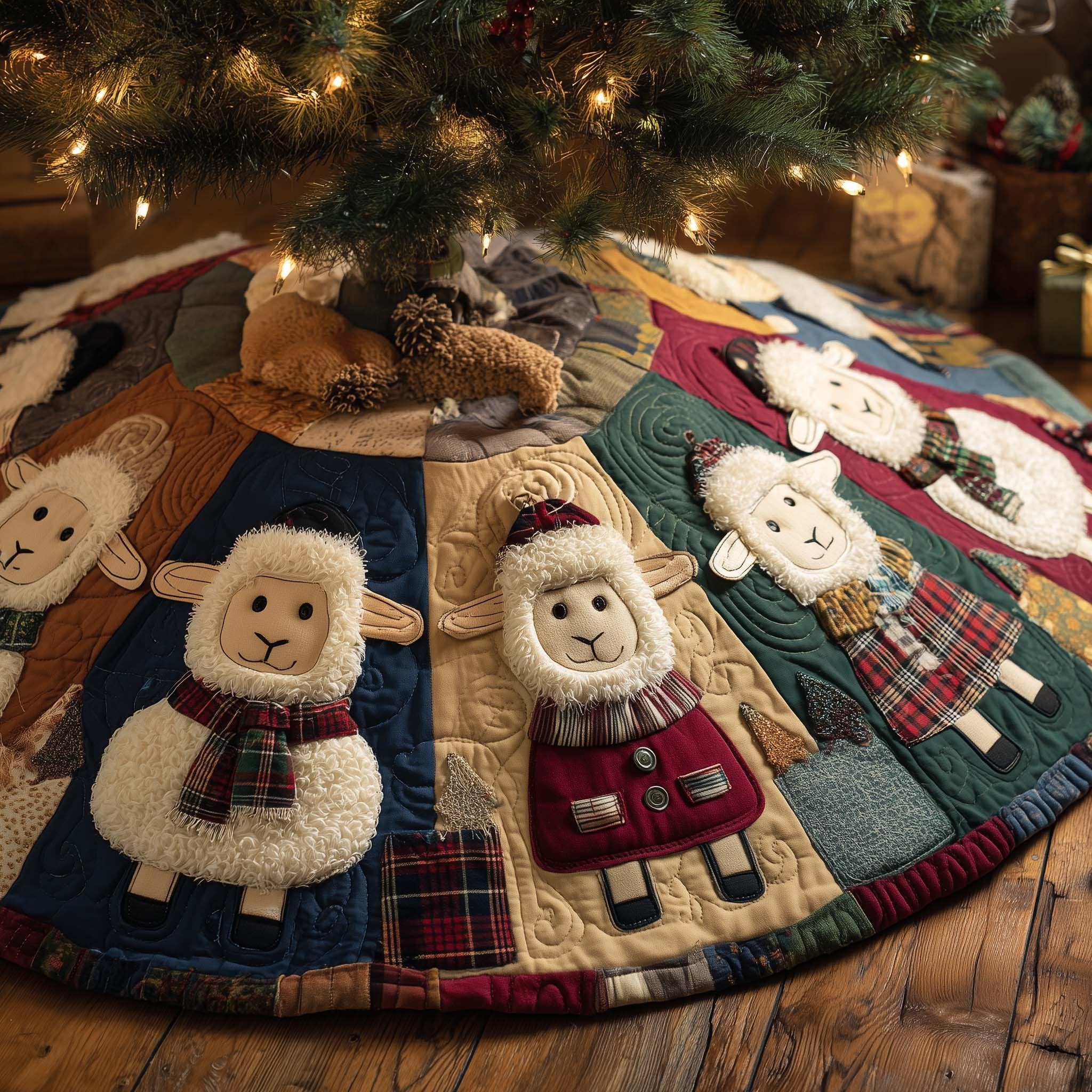 Sheep in Scarves on Plaid Panels Christmas Tree Skirt