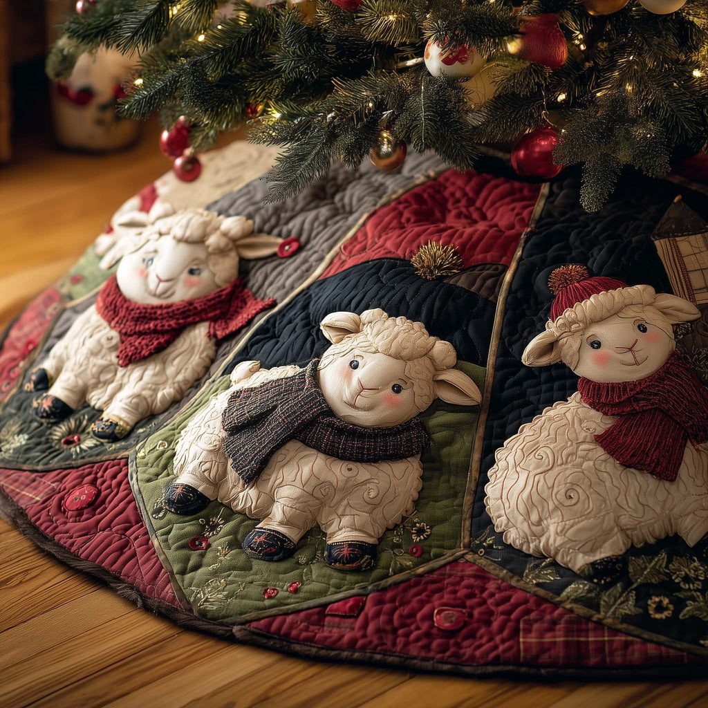 Sheep in Red Hats on Green Patchwork Christmas Tree Skirt