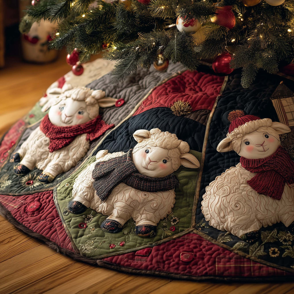 Sheep in Red Hats on Green Patchwork Christmas Tree Skirt