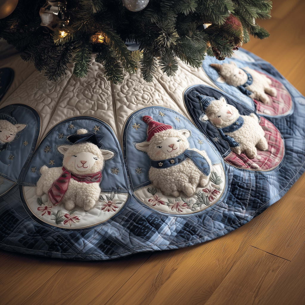 Sheep in Scarves on Soft Blue Christmas Tree Skirt