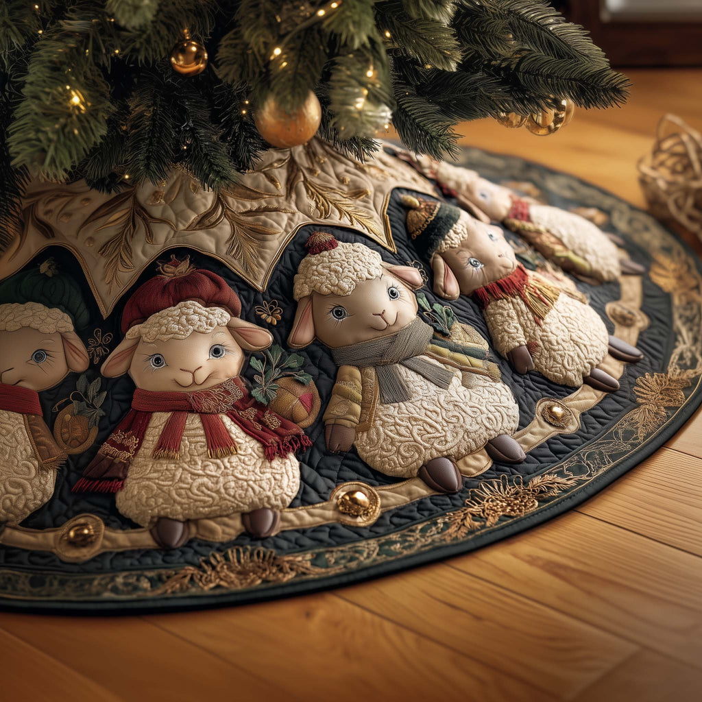 Sheep in Red Bonnets with Bells Christmas Tree Skirt