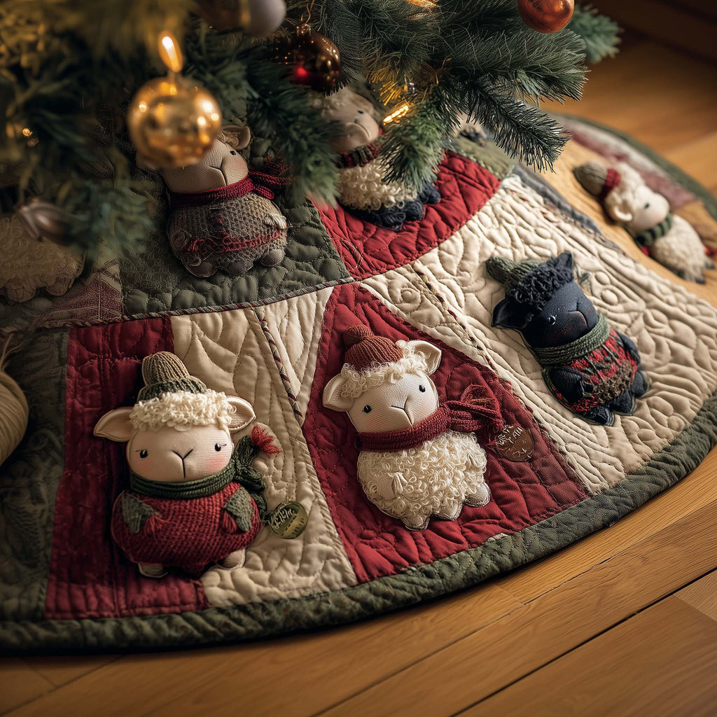 Sheep in Knit Sweaters on Red and Cream Christmas Tree Skirt