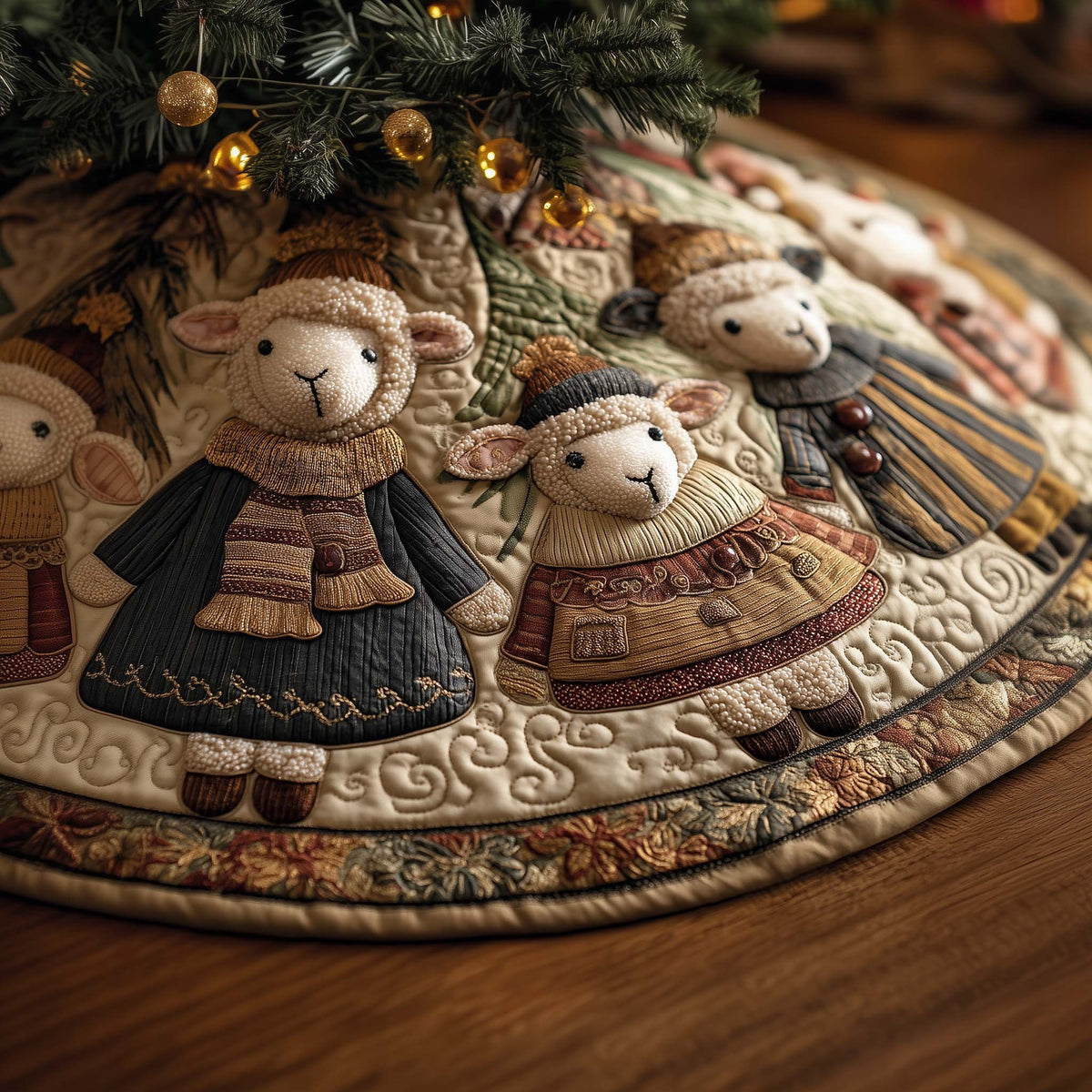 Sheep in Knitted Hats on Cream Christmas Tree Skirt