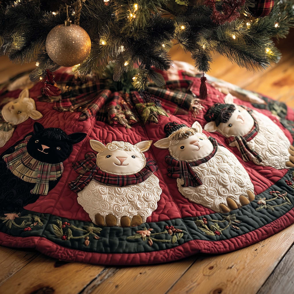 Sheep on Red with a Black Cat Christmas Tree Skirt