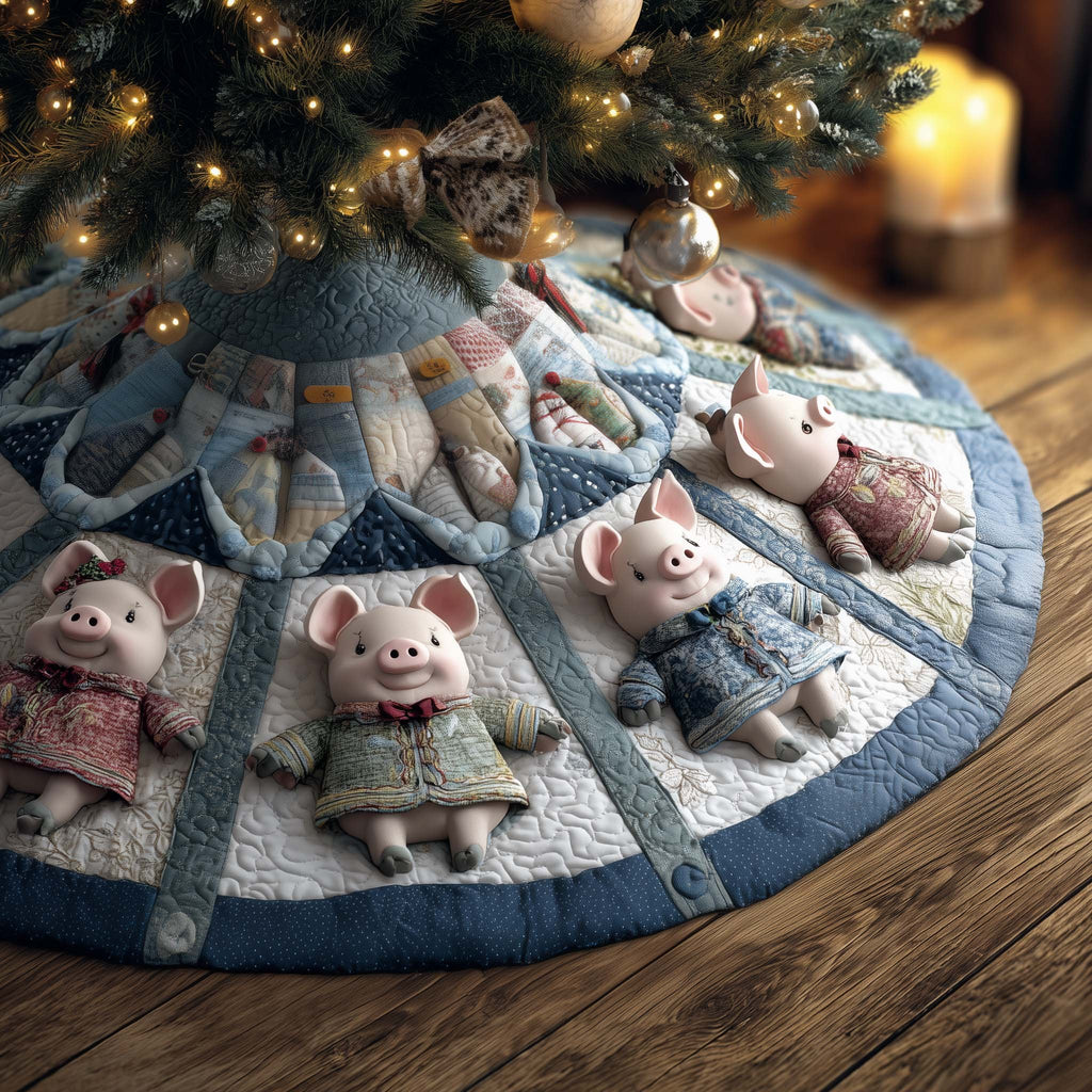 Pigs in Sweaters on Blue Patchwork Christmas Tree Skirt