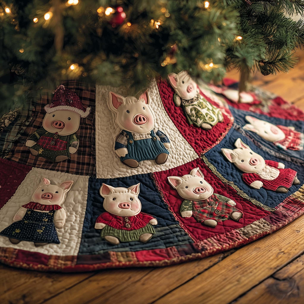 Pigs in Plaid Patchwork Blocks Christmas Tree Skirt