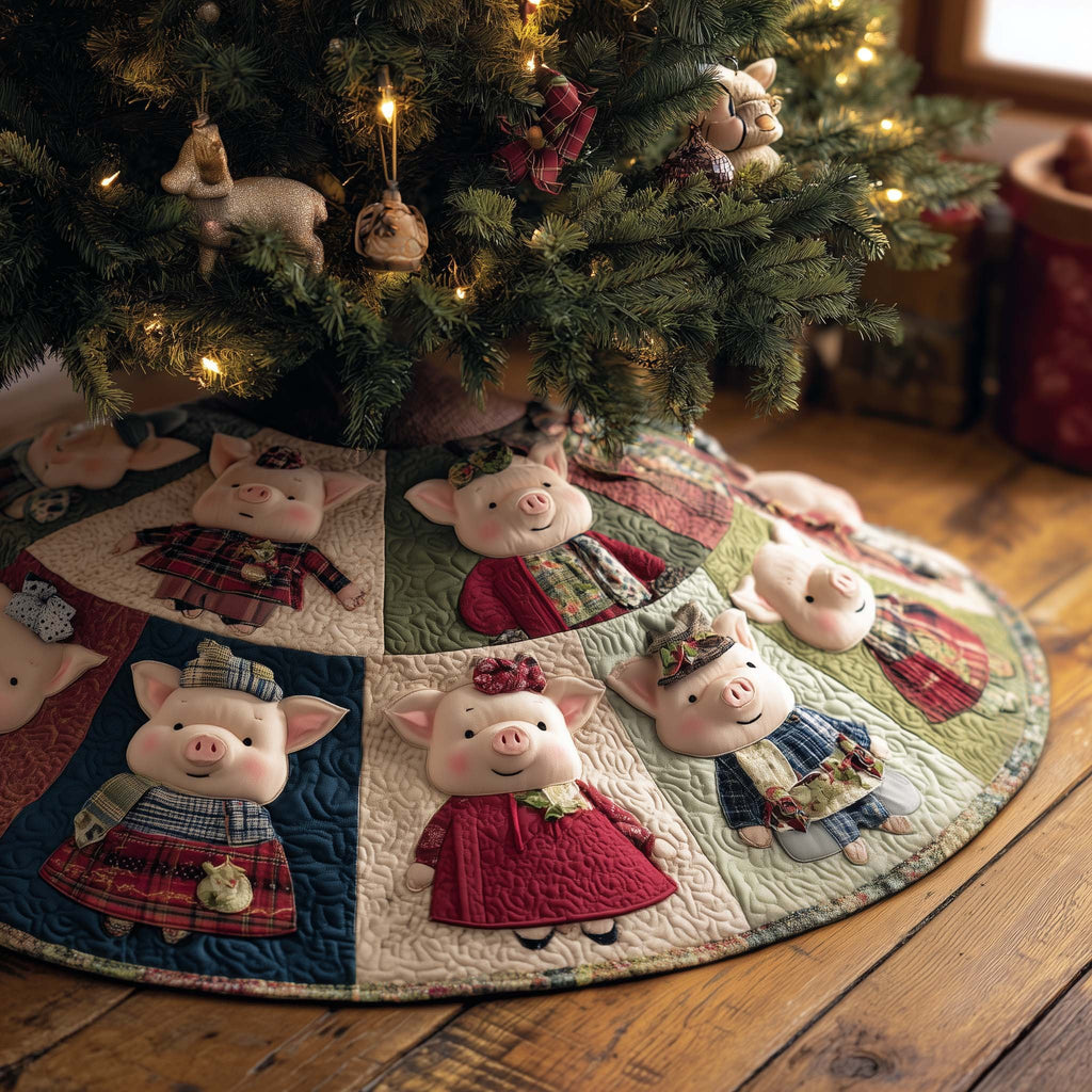Pigs in Dresses on Patchwork Christmas Tree Skirt