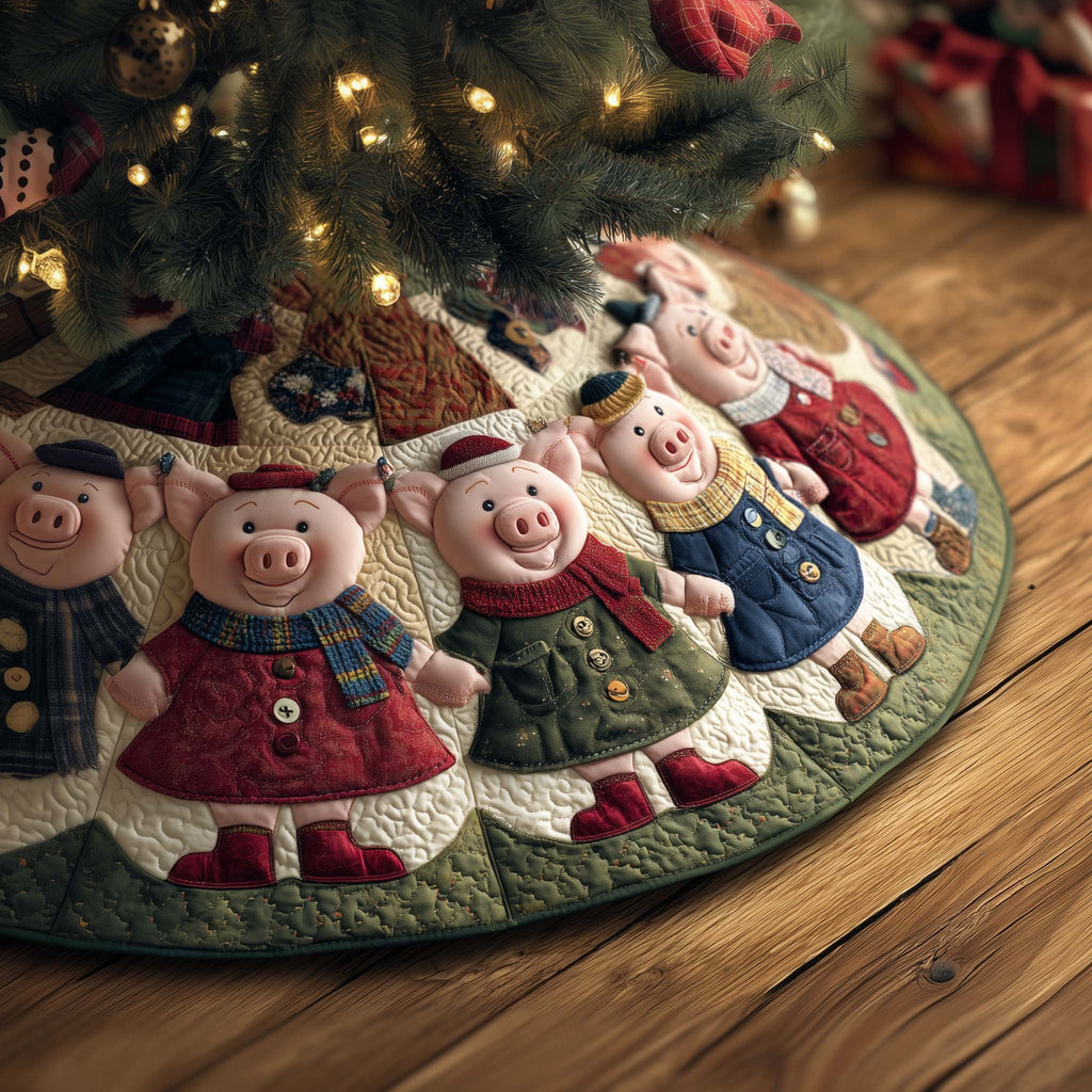 Pigs in Red Sweaters on Navy Christmas Tree Skirt
