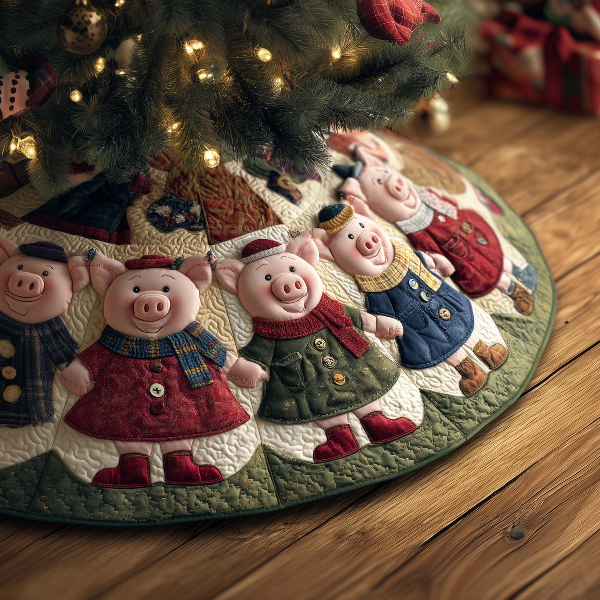 Pigs in Red Sweaters on Navy Christmas Tree Skirt