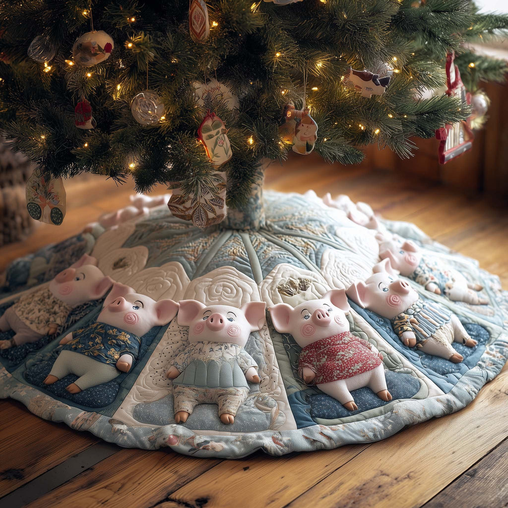 Pigs in Sweaters on White Quilt Christmas Tree Skirt