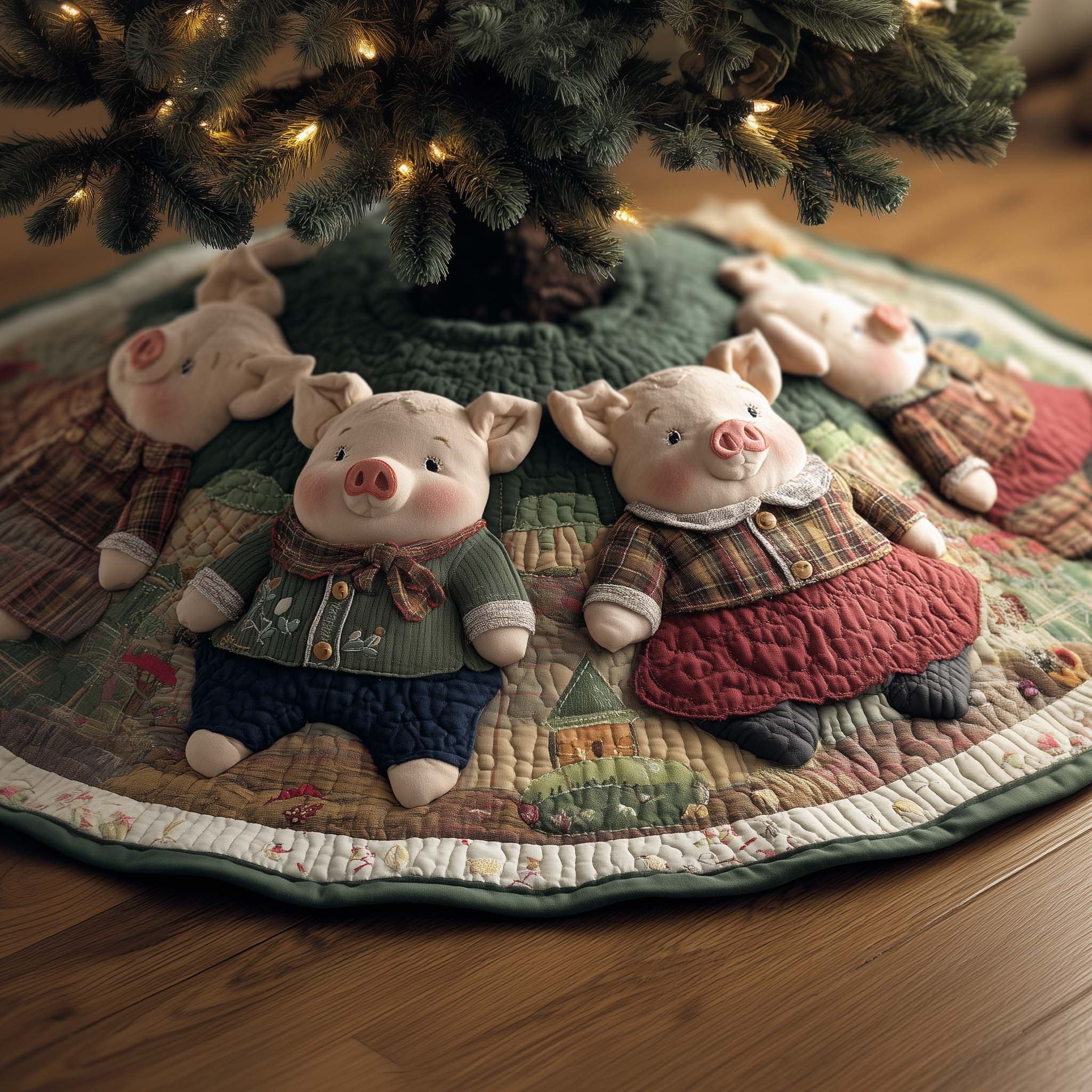 Two Pigs in Knit Sweaters Christmas Tree Skirt