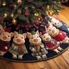 Pigs in Scarves on Dark Green Christmas Tree Skirt