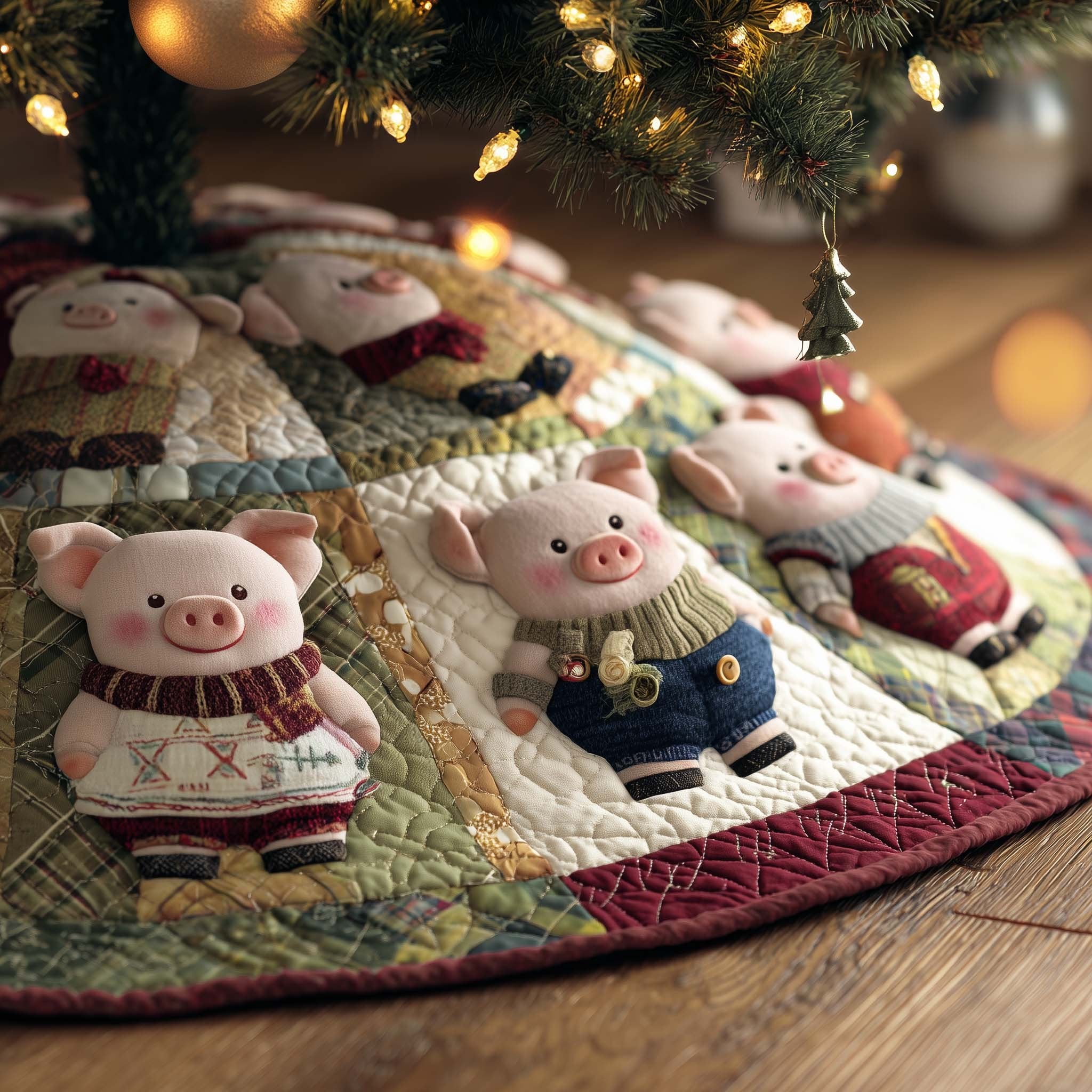 Pigs on Red and Cream Blocks Christmas Tree Skirt