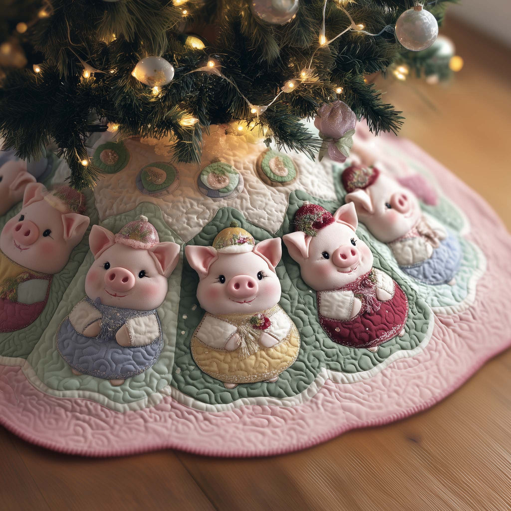 Pigs in Bonnets on Pink Quilt Christmas Tree Skirt