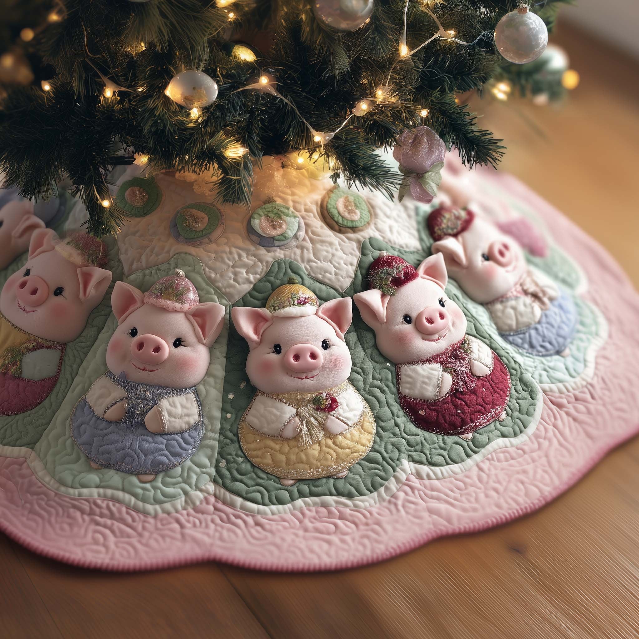 Pigs in Bonnets on Pink Quilt Christmas Tree Skirt