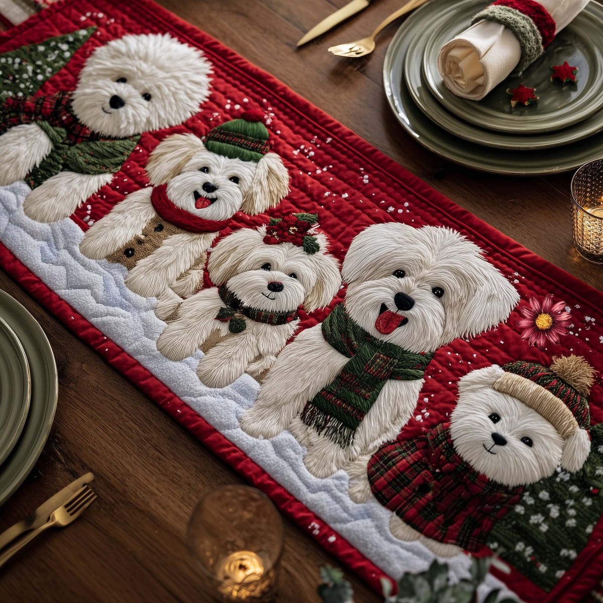 Bichons in Scarves on Red Table Runner