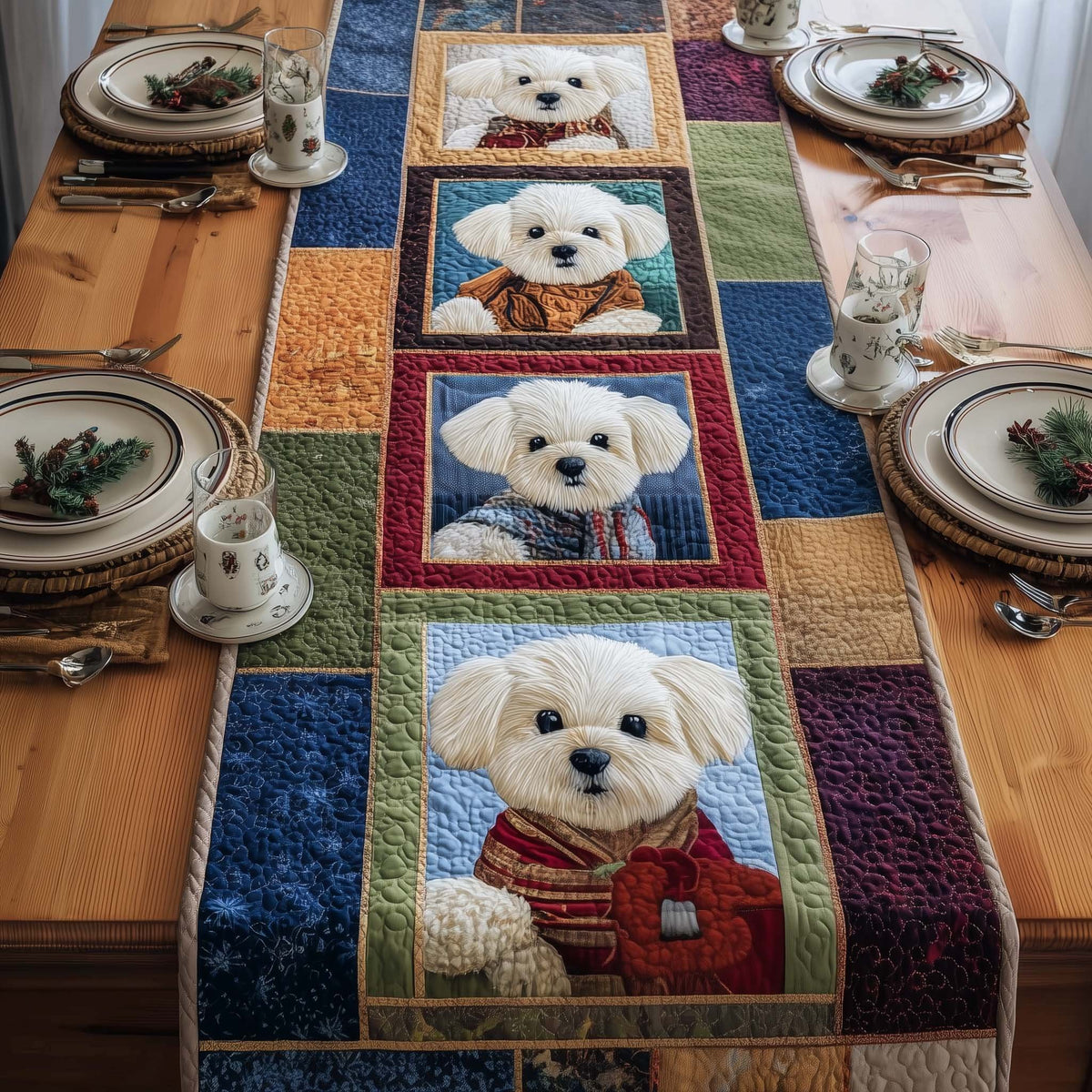 Bichon Puppies in Patchwork Squares Table Runner
