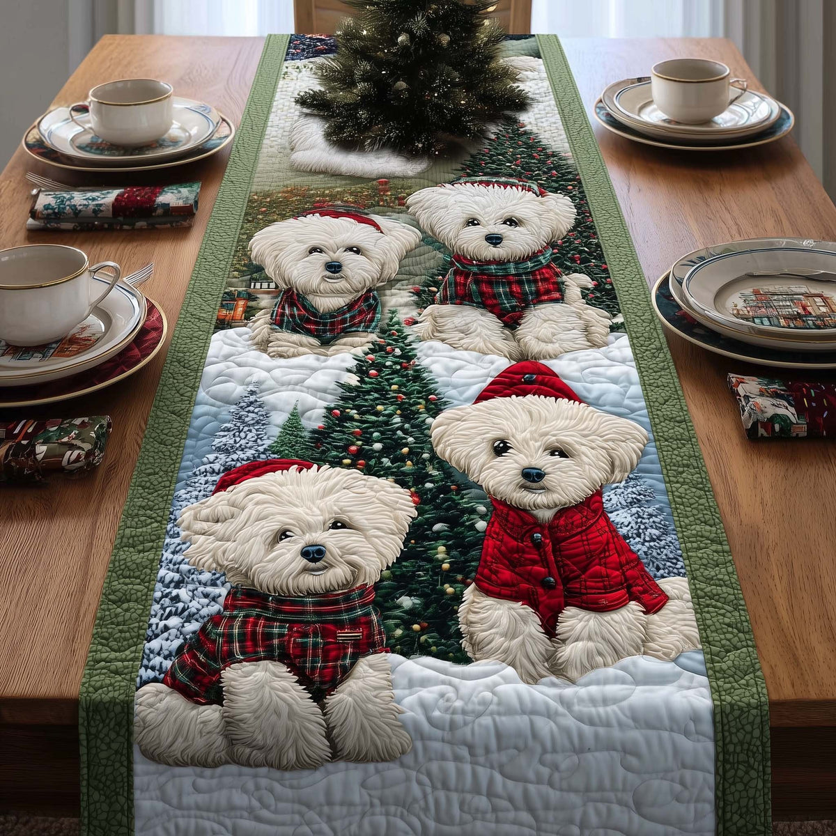Bichons Beside Christmas Trees Table Runner
