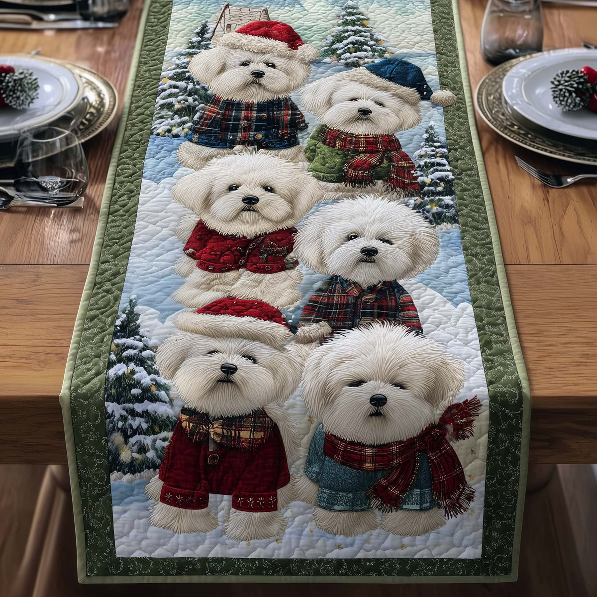 Bichons in Plaid Scarves Table Runner