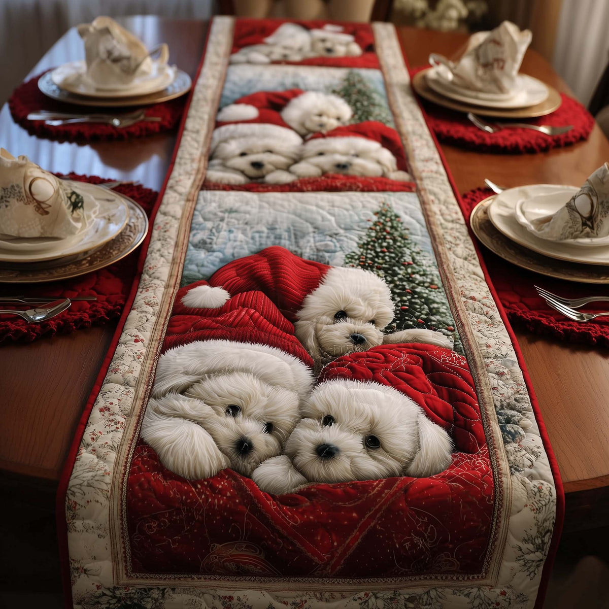 Bichons Wrapped in a Red Blanket Table Runner