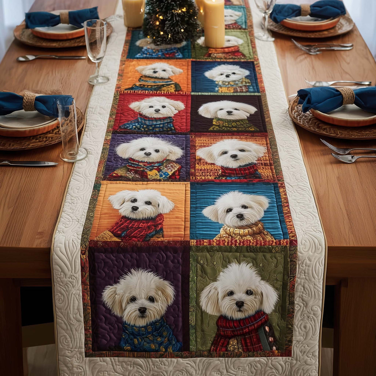Bichon Faces in Colorful Blocks Table Runner