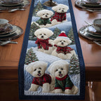 Bichons in Snow with Winter Hats Table Runner