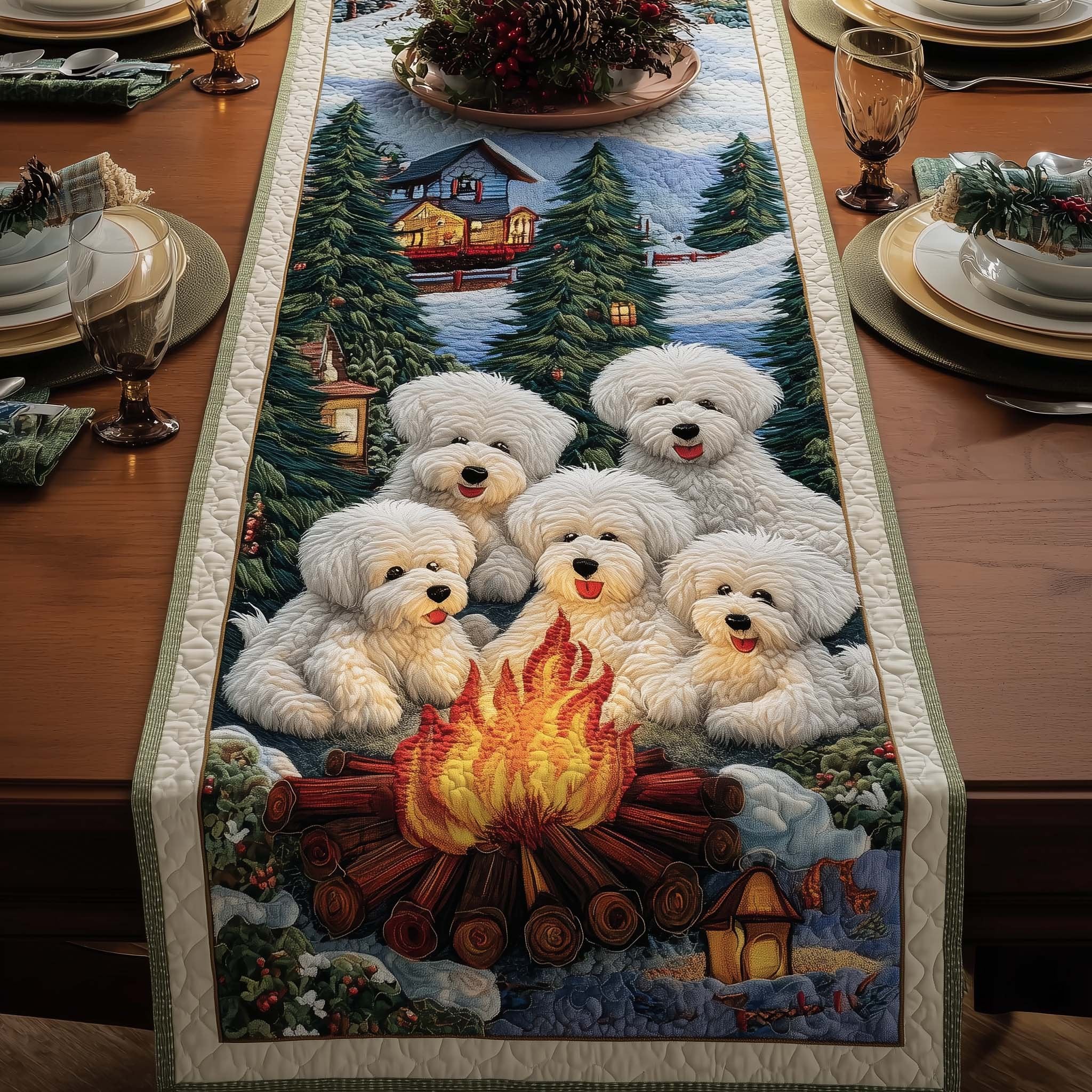 Bichons Around a Campfire Table Runner